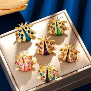 6 Ladybug Rhinestone Brooch Pin Stylish Sparkle Petite Good Luck Trendy Glam